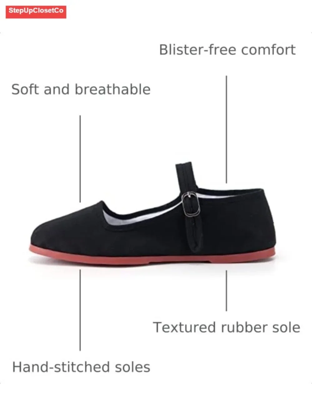Cotton Mary Jane Flats, Square Toe China Doll Shoes, Hand-Stitched Buckle Flats